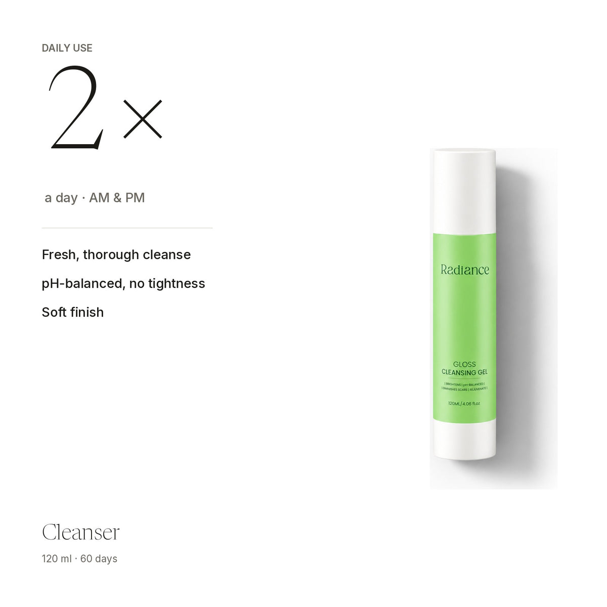Cleanser at a glance: fresh cleanse, pH-balanced, soft finish · 120ml