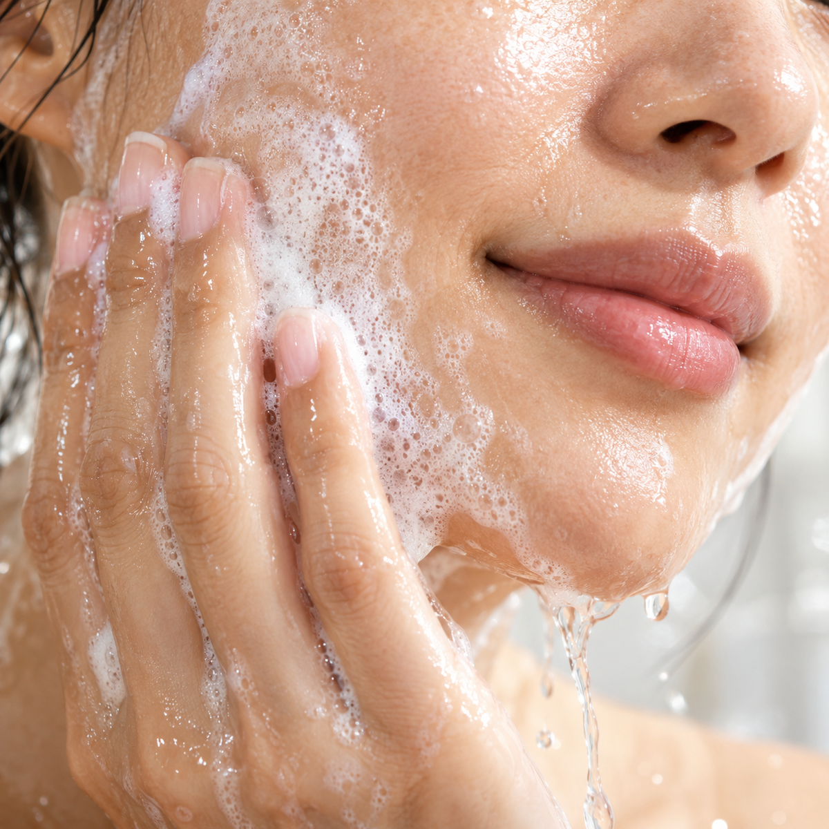 Repair Set + Cleanser step 01: Cleanser foam on the cheek