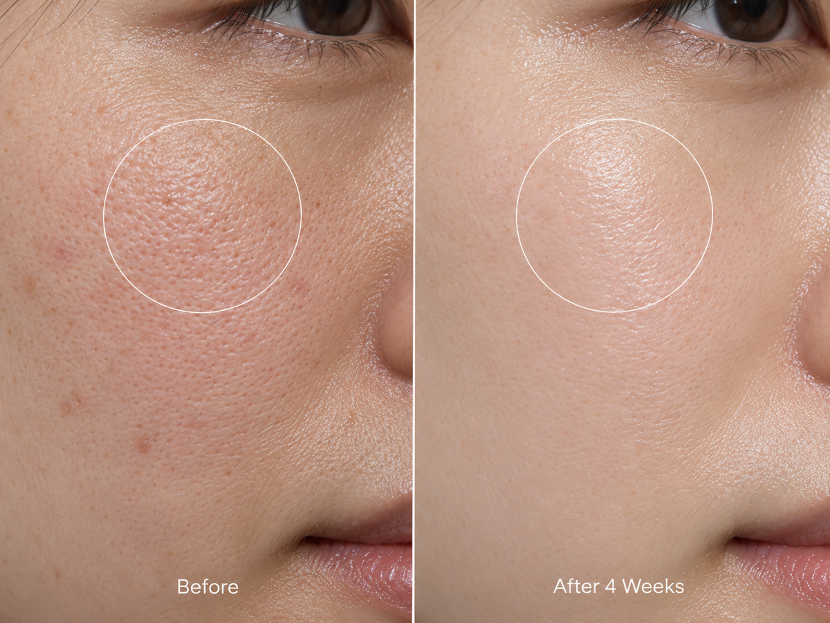 Close-up before and after 4 weeks of the Radiance Cleanser: clearer-looking pores