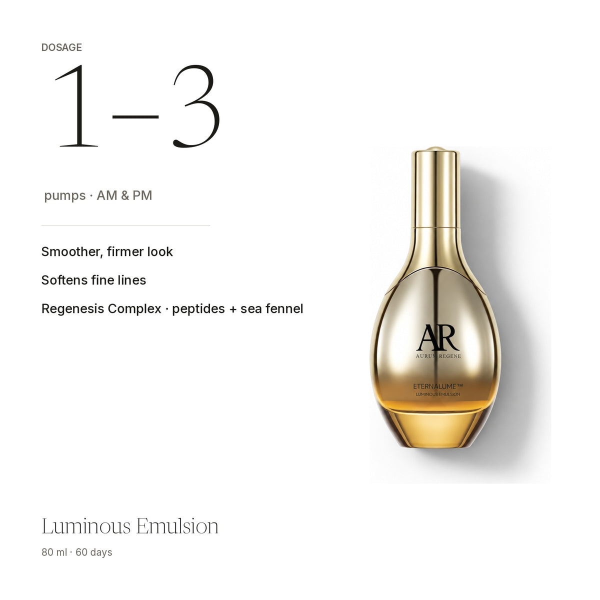 Luminous Emulsion at a glance: smoother, firmer look, softens fine lines, deep hydration · Regenesis Complex · 80ml