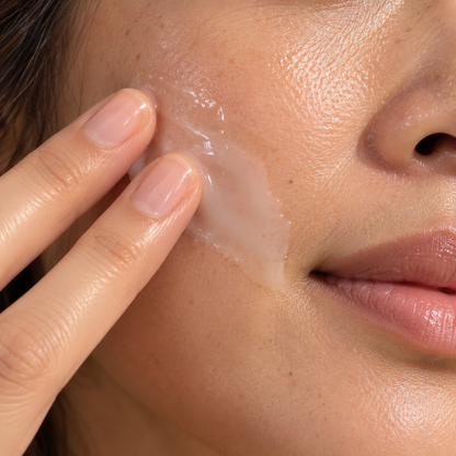 Glow Set step 02: Luminous Emulsion spread on the cheek