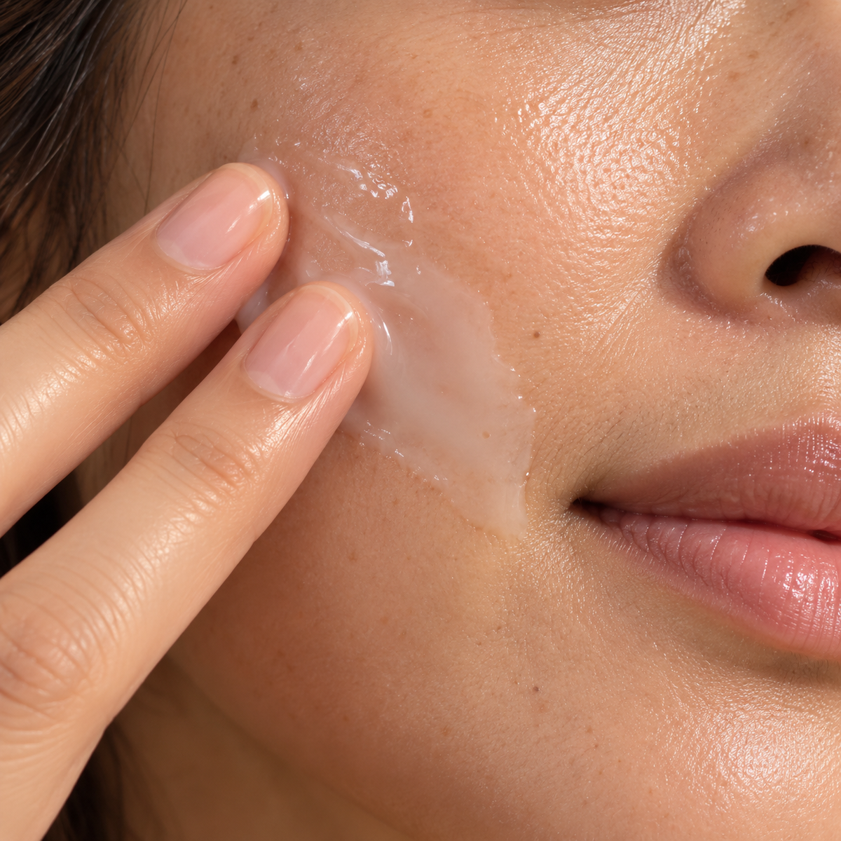 Glow Set + Cleanser step 02: Luminous Emulsion spread on the cheek