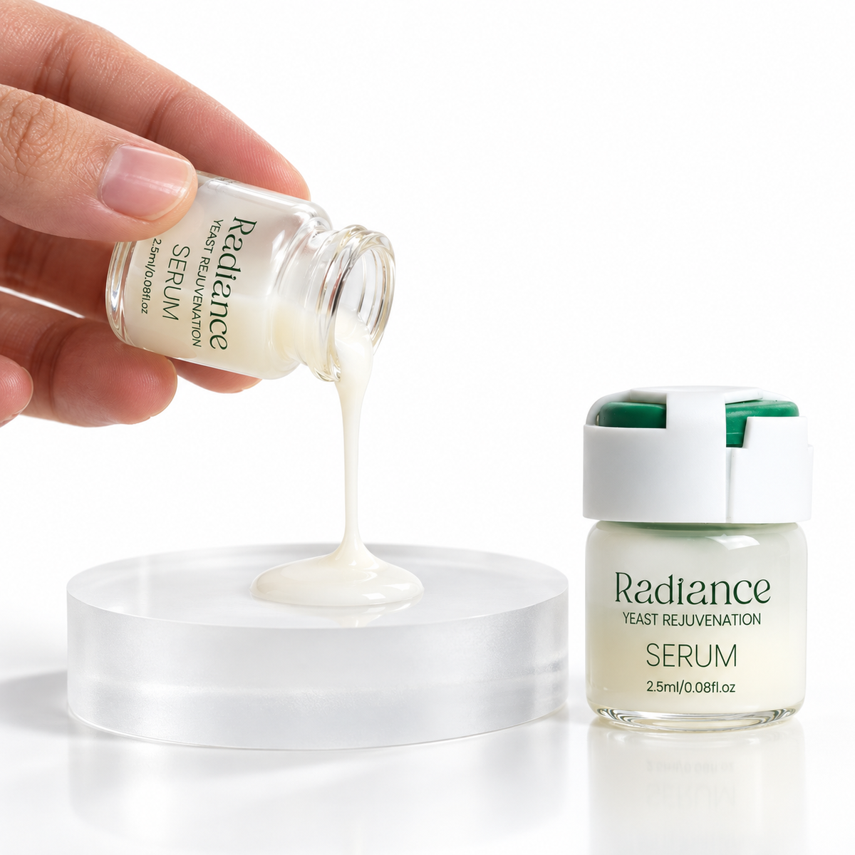 A single Refining Serum jar poured out, fresh for one use