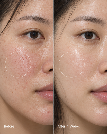 Close-up before and after 4 weeks of Refining Serum: smoother texture, finer-looking pores