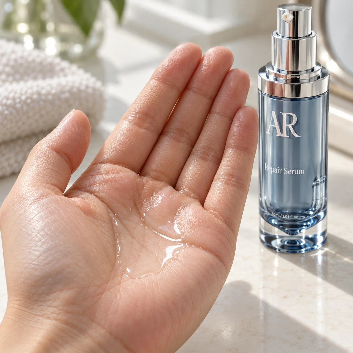 A pump of clear Repair Serum in the palm, bottle beside it
