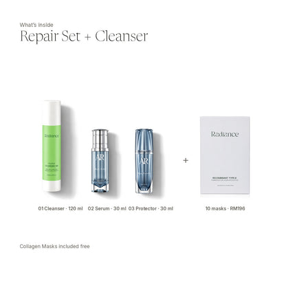 Repair Set + Cleanser, what's inside: Cleanser 120ml, Repair Serum 30ml, Repair Protector 30ml + 10 Collagen Masks