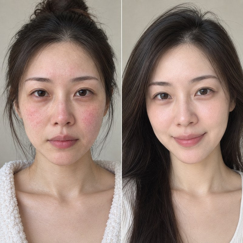 Before and after: redness calms with the Repair routine (Repair Serum + Repair Protector)